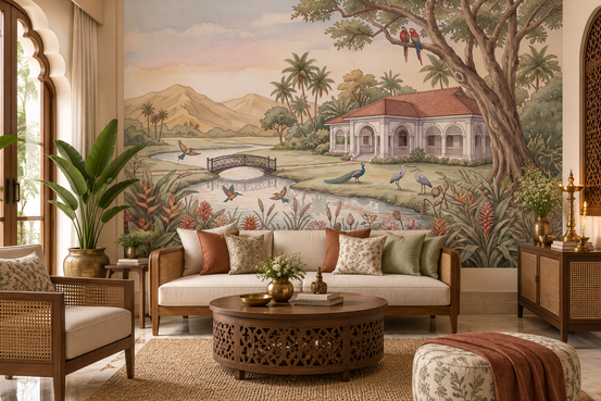 Botanical wallpaper in a warm living room with a rattan sofa and round table GD13084