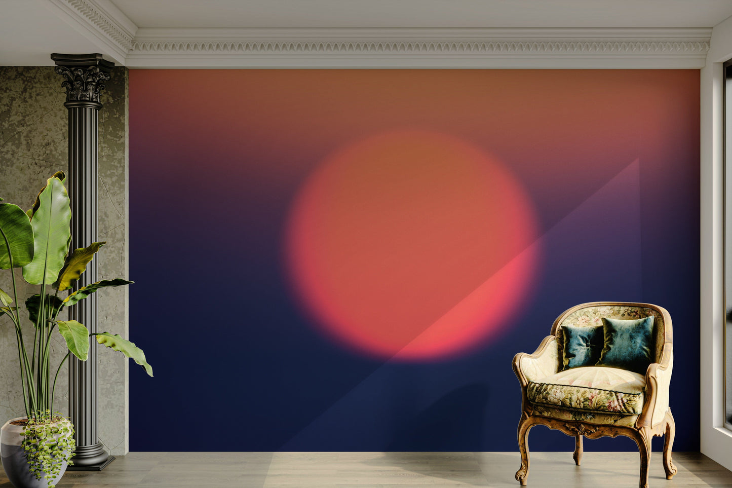 A living room featuring the minimalist sunset wall mural.