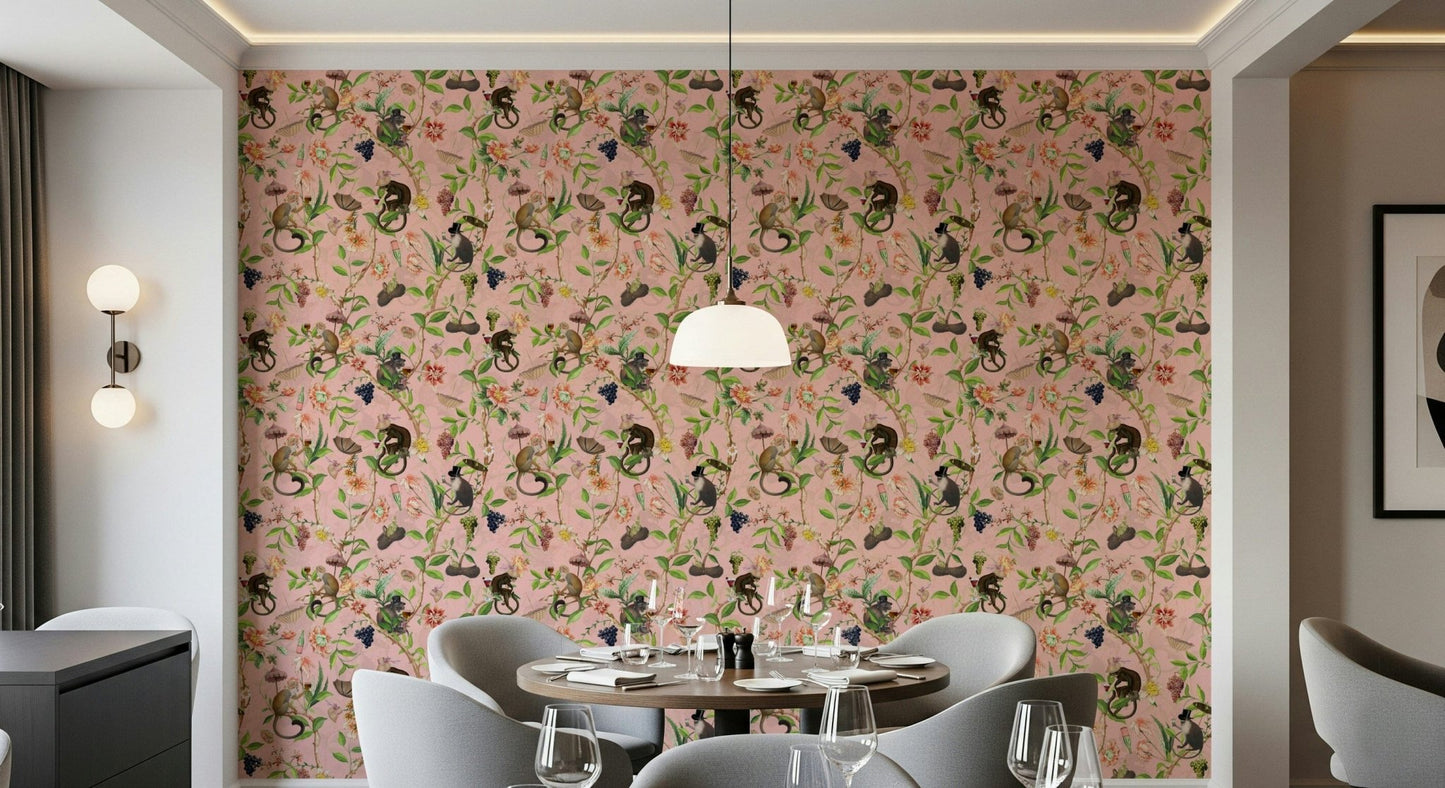 A Primate's Garden Party pink wallpaper with top-hat monkeys behind a round dining table and grey chairs