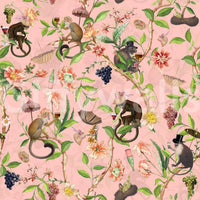 A Primate's Garden Party wallpaper close-up showing top-hat monkeys with wine, grapes and pink blooms