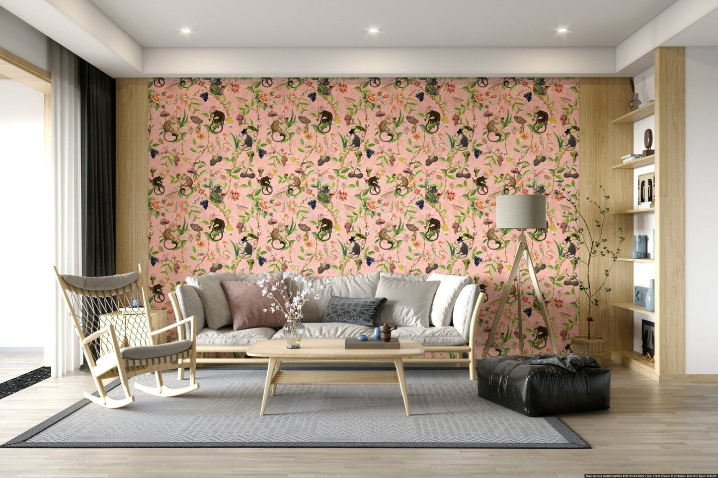 A Primate's Garden Party wallpaper of pink florals and monkeys behind a grey sofa and wood rocking chair