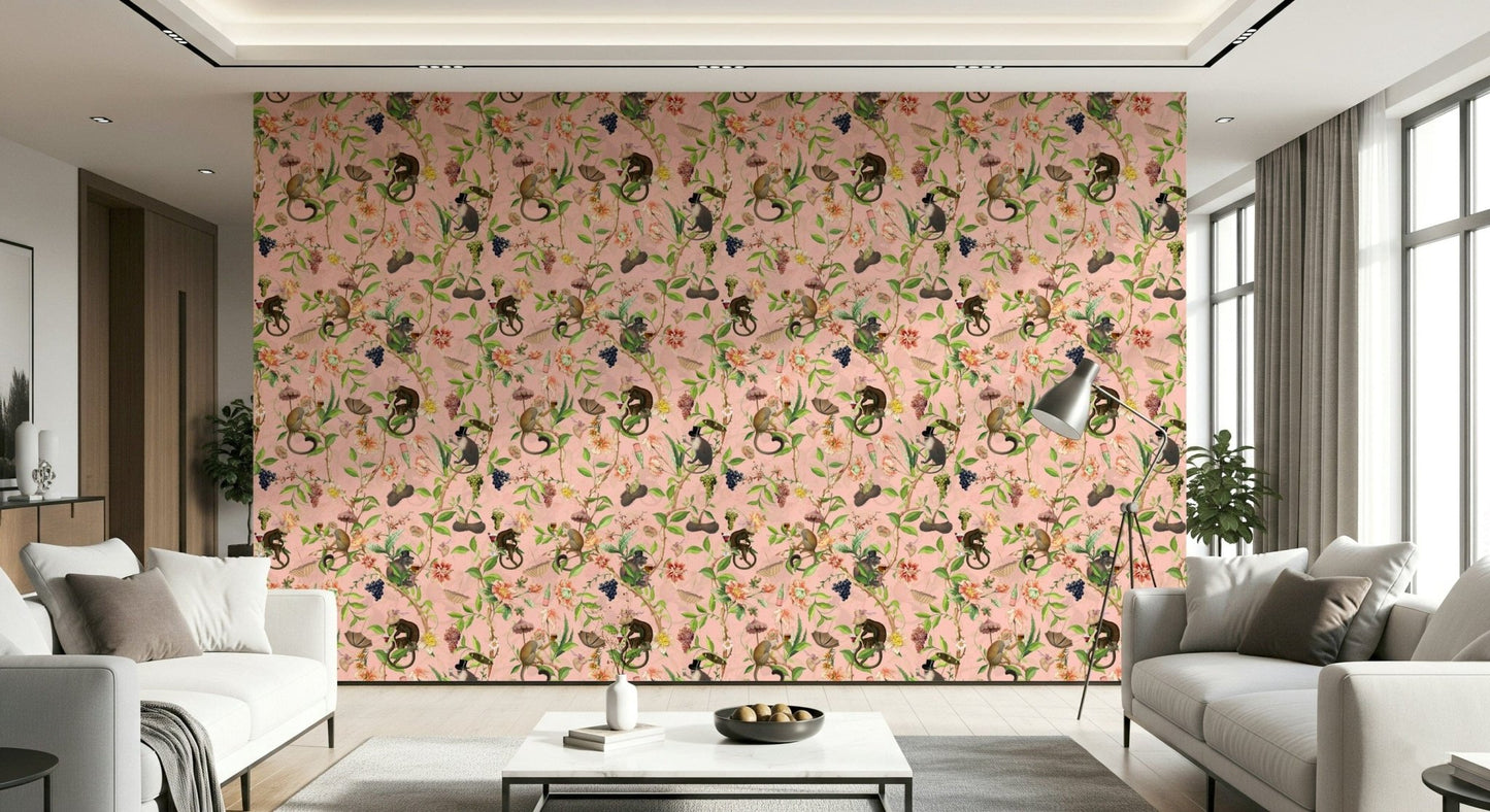 A Primate's Garden Party pink wallpaper shown full-wall between two white sofas in a bright living room