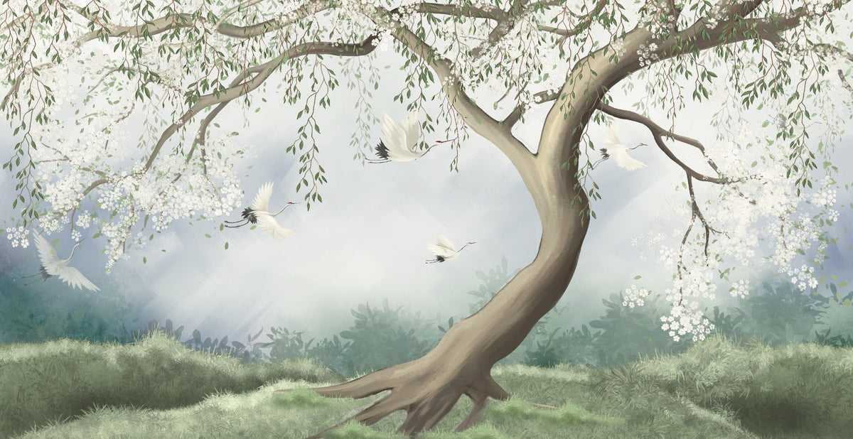 Peel & Stick Foggy Tree in Forest Wallpaper in your room