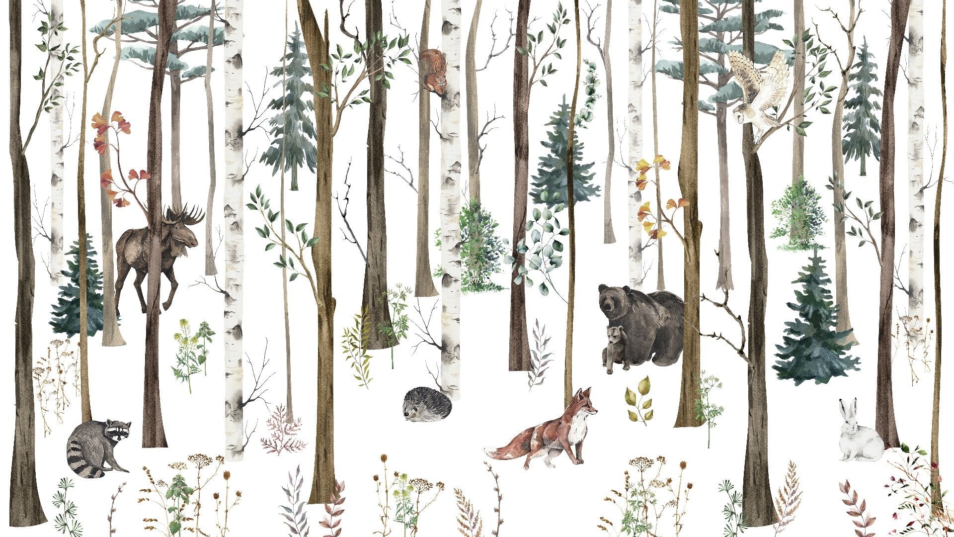 Fox & Bear in Snow Forest Wallpaper Mural