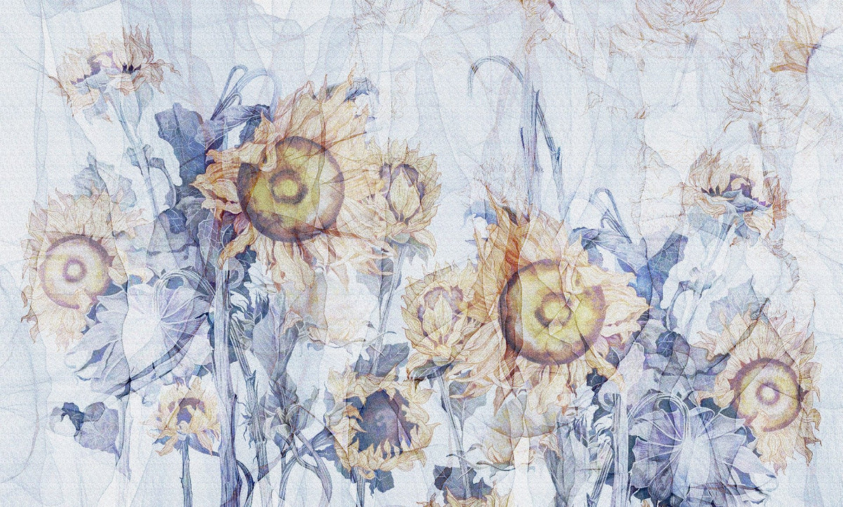 Artistic Blue Yellow Sunflower Wallpaper in your room — zoomed