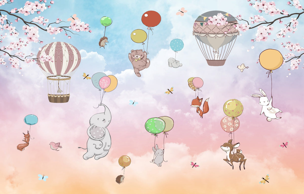 Kids Animals Hot Air Balloon Wallpaper in your room — zoomed