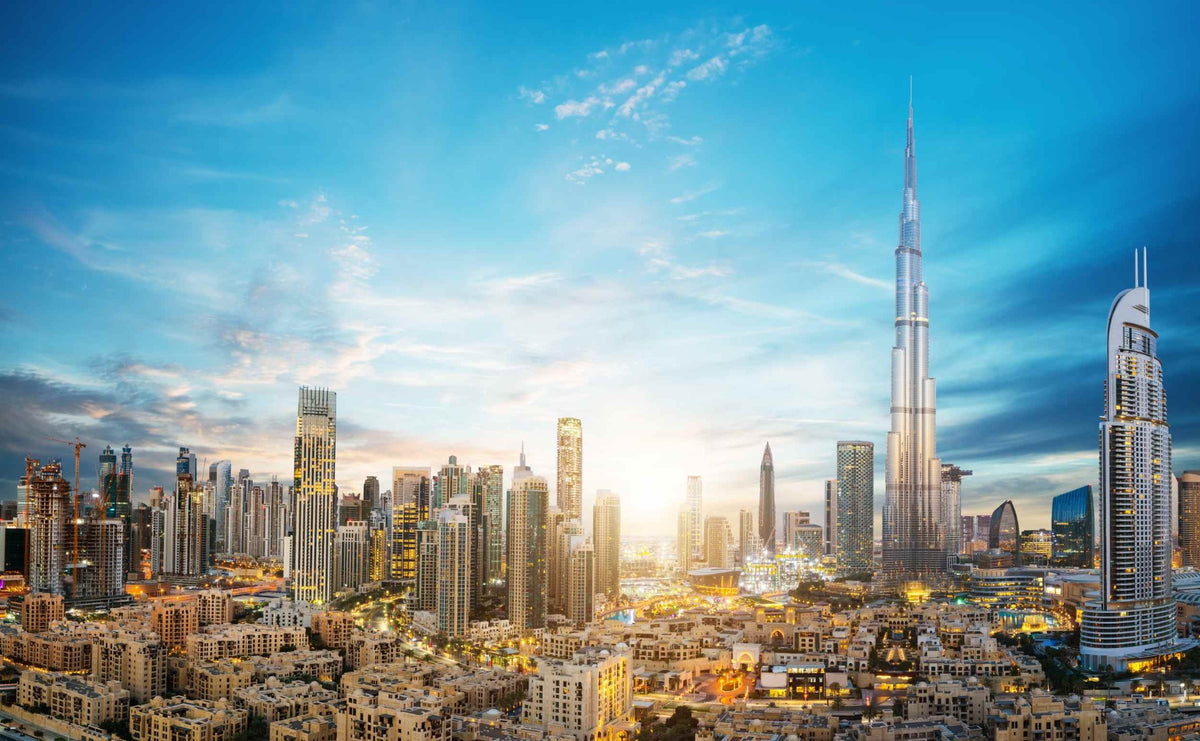 Dubai Skyline Panoramic Wallpaper Mural in your room — zoomed