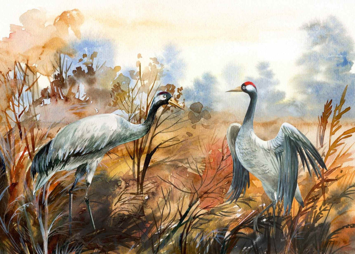Autumn landscape & crane birds watercolor wallpaper in your room