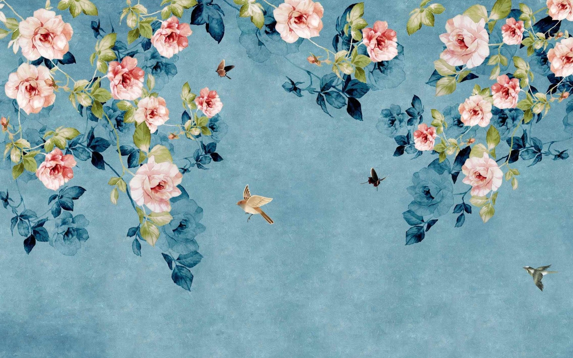 Watercolor Pink Roses on Blue-Green Wallpaper in your room — zoomed