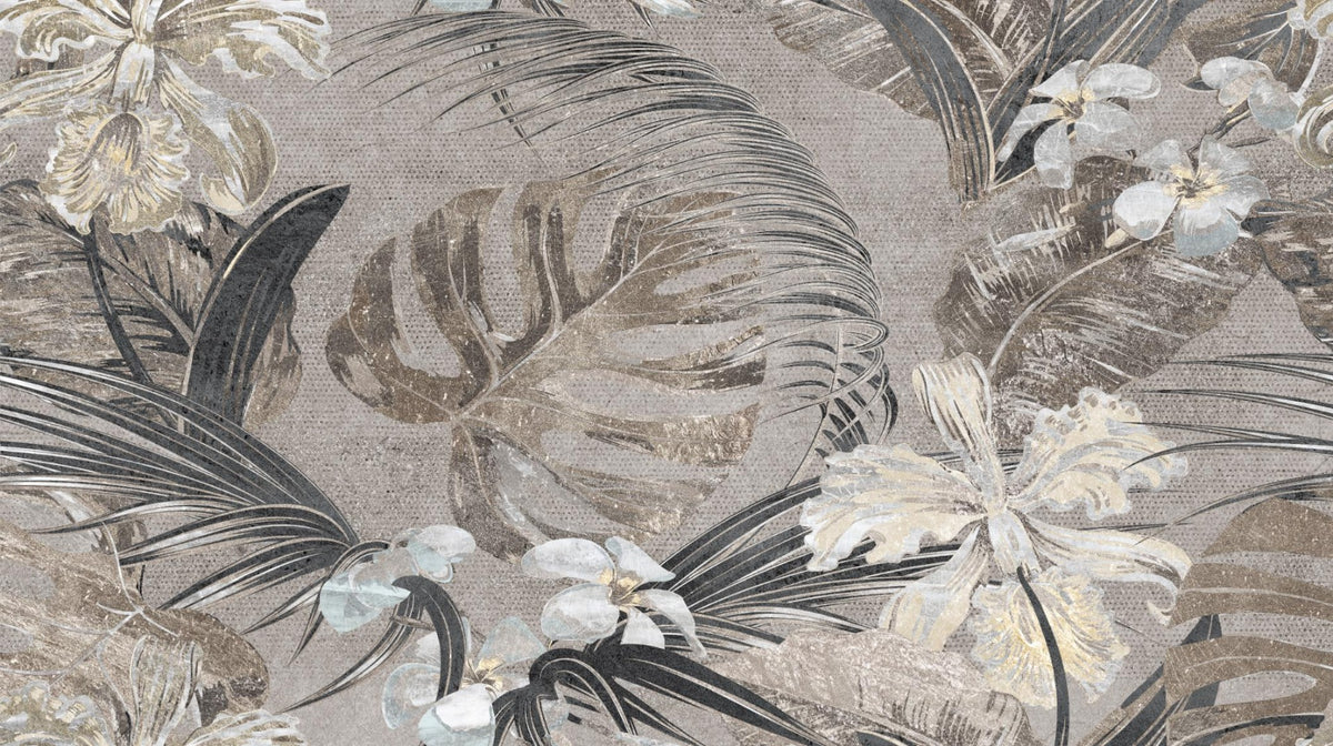 Flower and leaves Wallpaper Mural in your room — zoomed