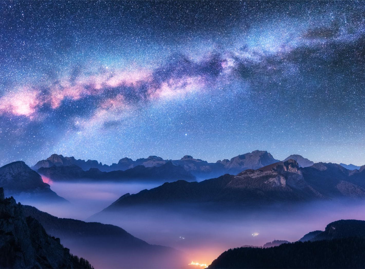 Blue Milky Way Foggy Hills Stars Wallpaper Mural in your room