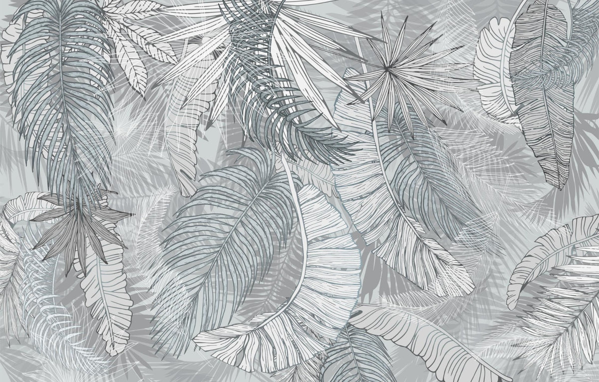 Grey & White Charcoal Leafy Illustrated Wallpaper Murals in your room — zoomed