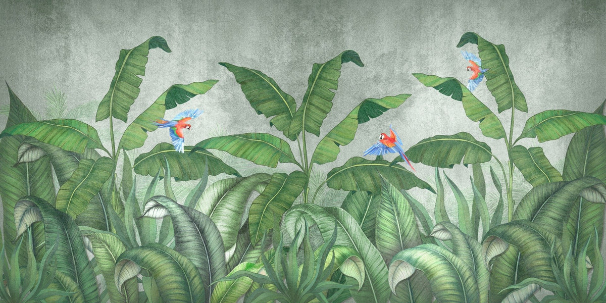 Green Plantains & Parrots Wallpaper Mural in your room