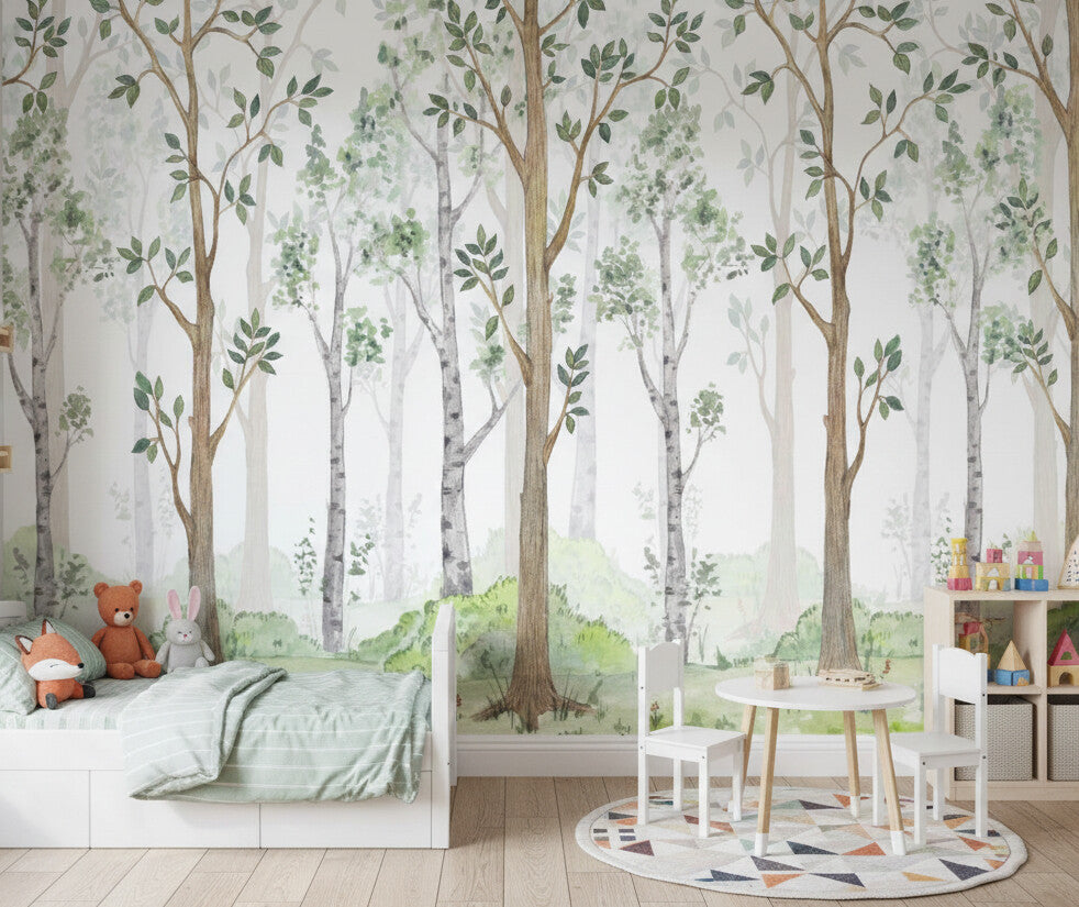 Forest Green Watercolor wallpaper mural styled as a living room feature wall behind a sofa and seating in green tones