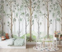 Forest Green Watercolor wallpaper mural styled as a living room feature wall behind a sofa and seating in green tones