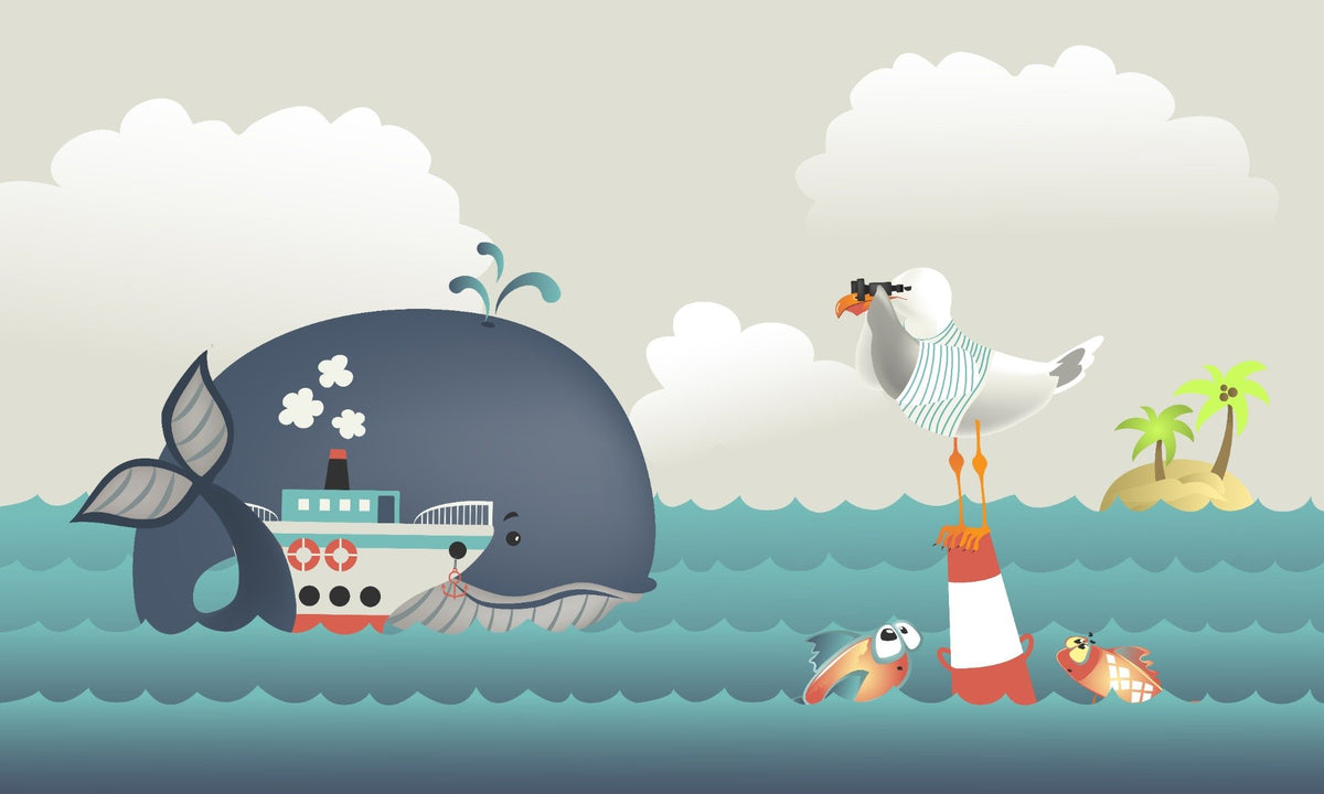 Whale & Steamer Kids Wallpaper Mural in your room — zoomed