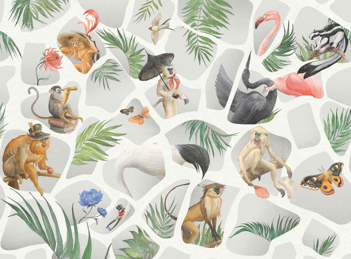 Watercolour gray Monkey & Birds wallpaper mural in your room — zoomed