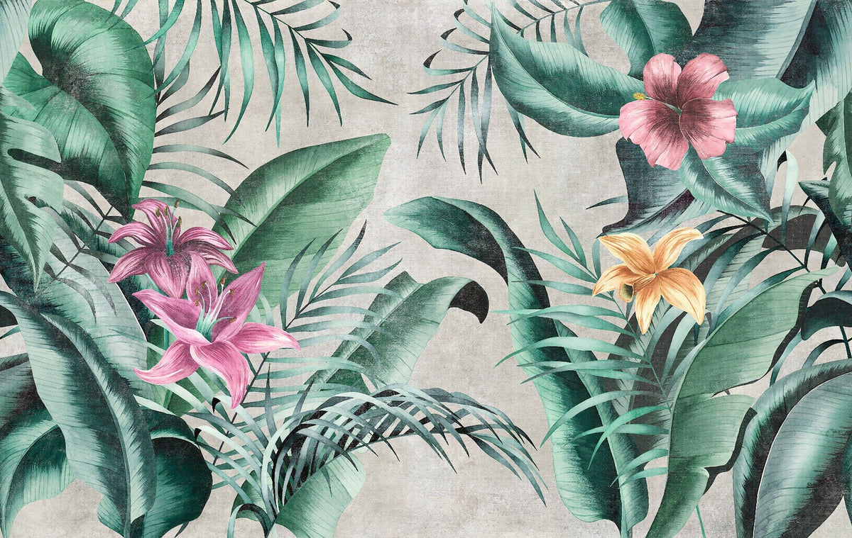 Rustic Floral Large Green Leaves Wallpaper Mural