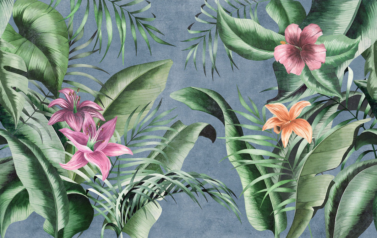 Blue background Floral Large Green Leaves Wallpaper Mural in your room