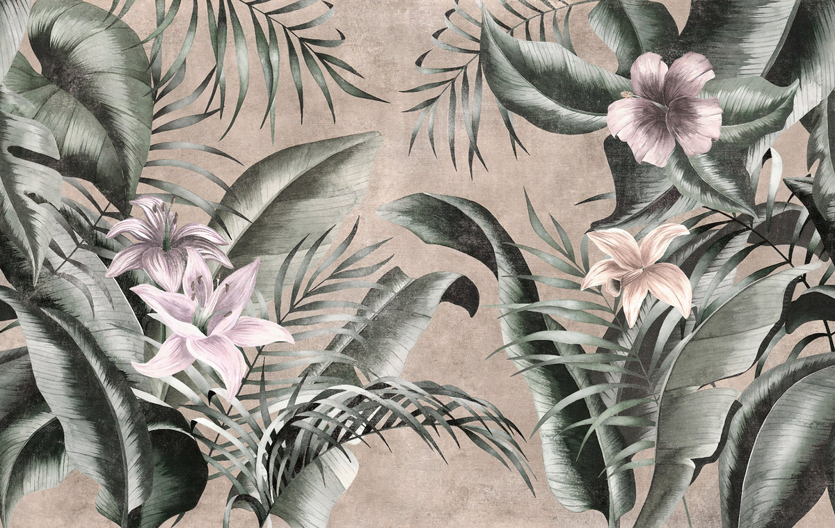 Gray background Floral Large Green Leaves Wallpaper Mural in your room — zoomed