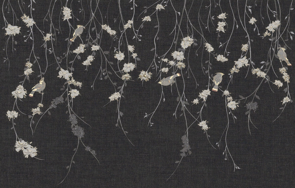 Beautiful Dark Black Flowers & Birds Wallpaper Mural in your room