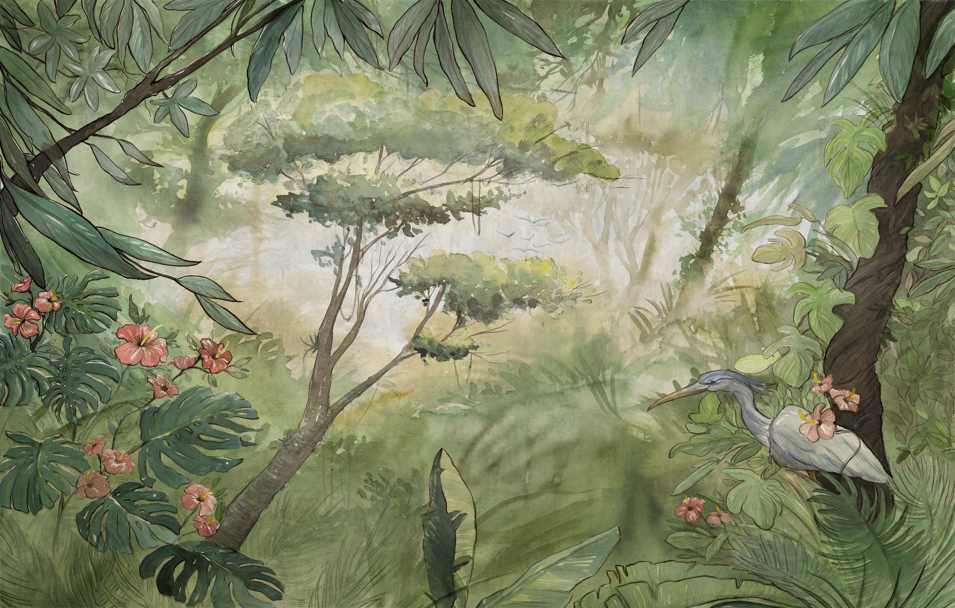 Green Watercolor Forest Wallpaper Murals in your room — zoomed