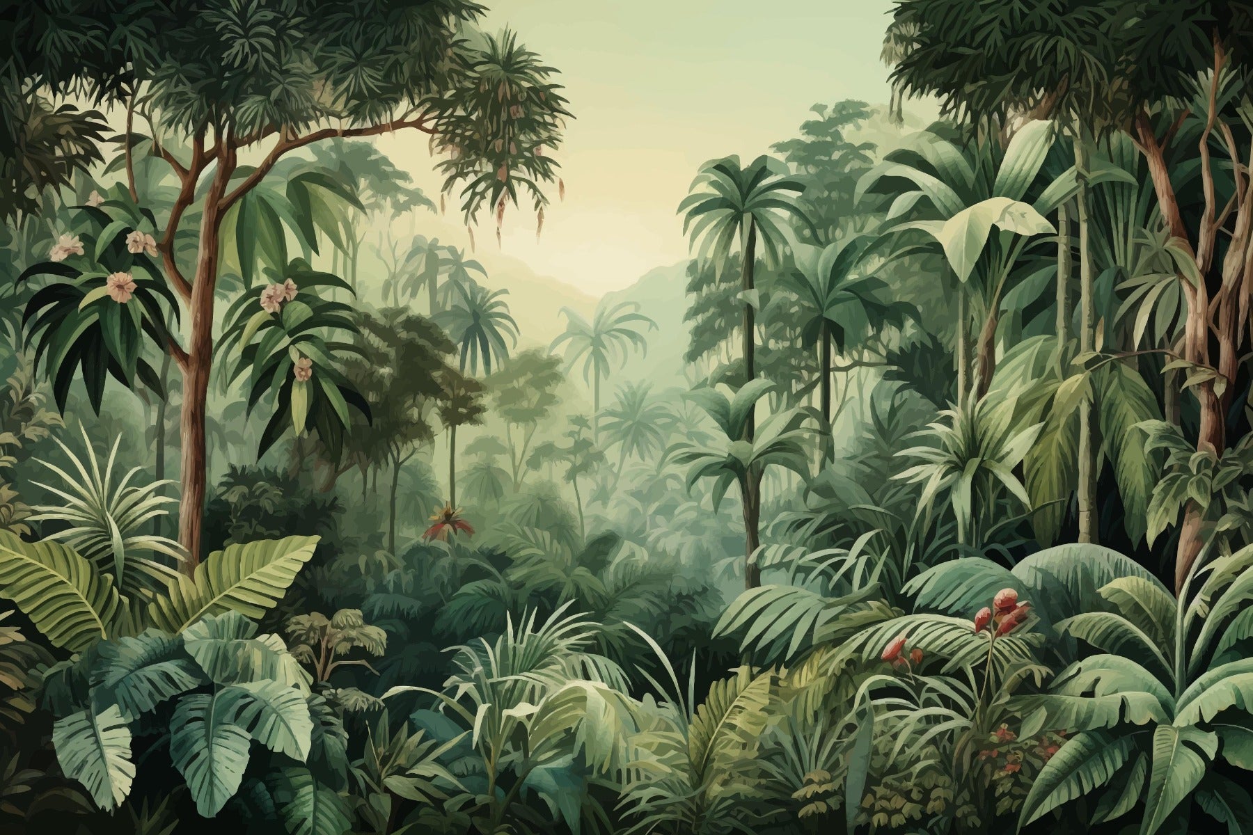 Misty Forest Colorful Tropical Scene Tree Wallpaper Mural