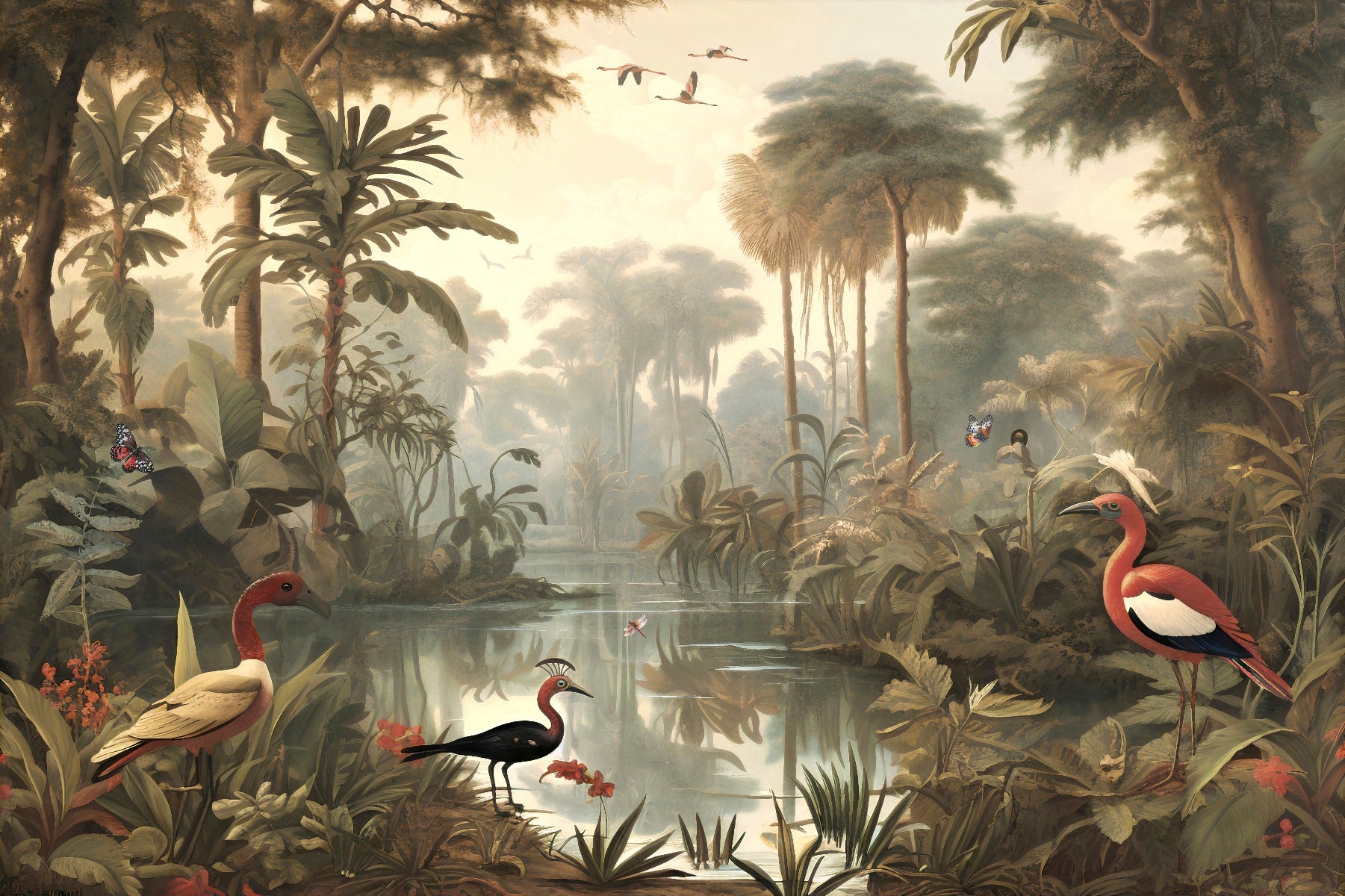 Tropical Coral Island Vintage wallpaper mural shown as a full feature wall that highlights the design