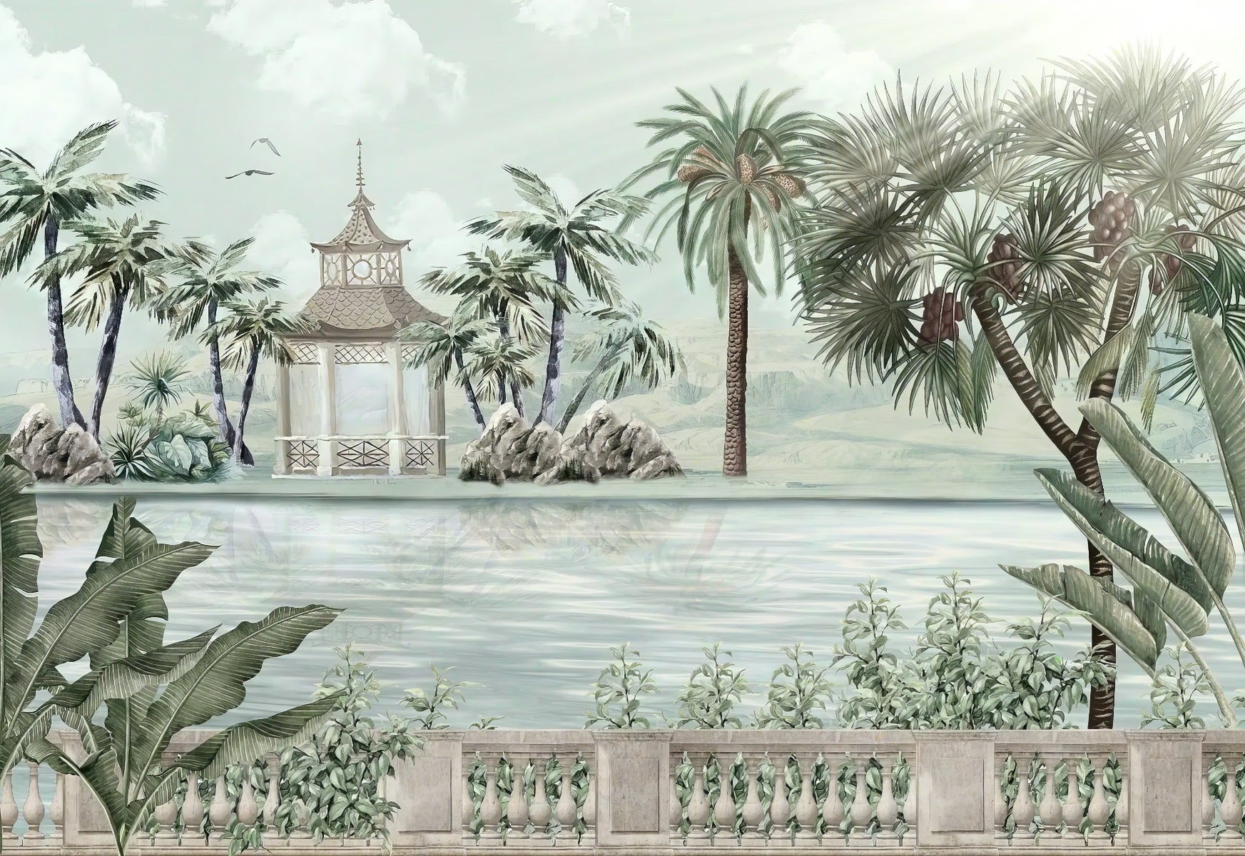 Watercolor tropical riverbank wallpaper
