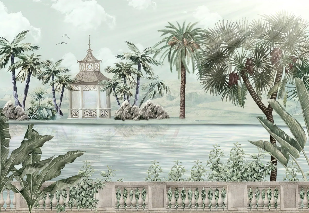 Watercolor Tropical Riverbank Wallpaper Mural in your room — zoomed