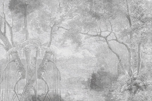 Gray Color Sketch Forest Wallpaper Murals for a Natural Look