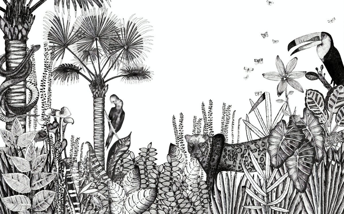 Charcoal Pencil Art Tropical Wallpaper Murals in your room — zoomed