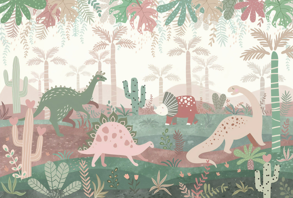 Green & Pink Color Dinosaurs Enjoying Wallpaper Mural in your room — zoomed