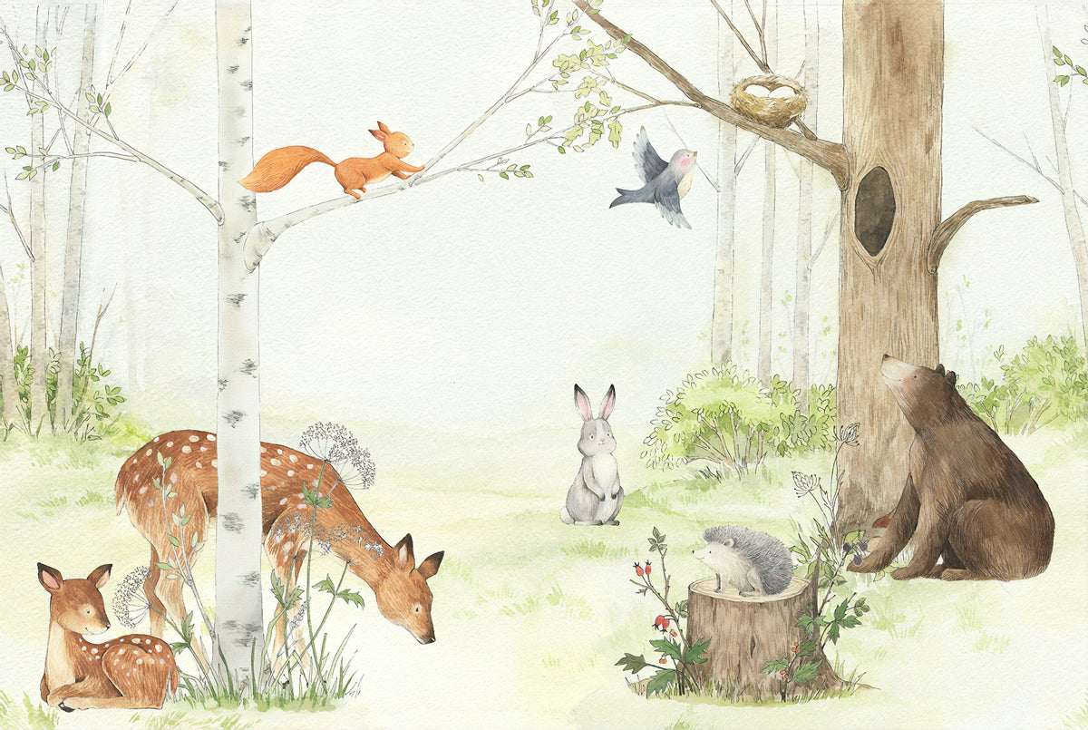 Animals Enjoying Forest Wallpaper Mural in your room — zoomed