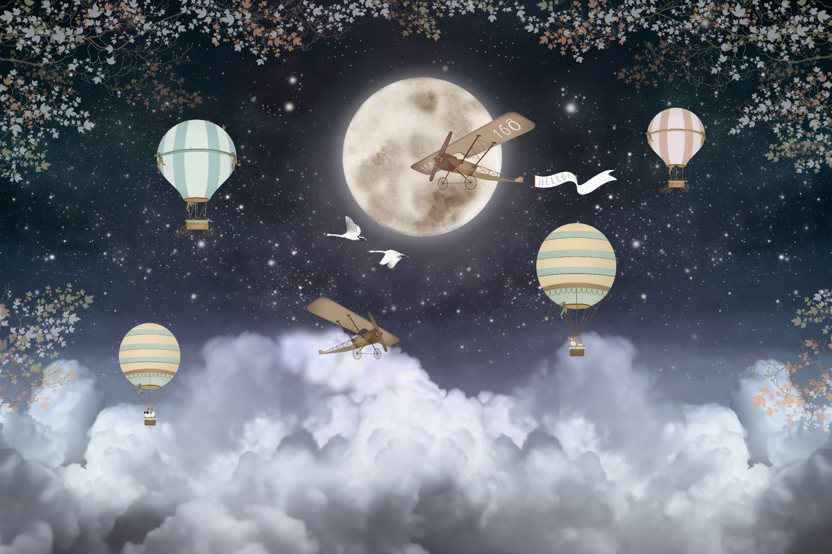 Shinny Stars Night Hot Air Balloons Wallpaper Murals in your room — zoomed