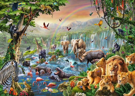 Vivid Animal Kingdom with waterfall Wallpaper Murals
