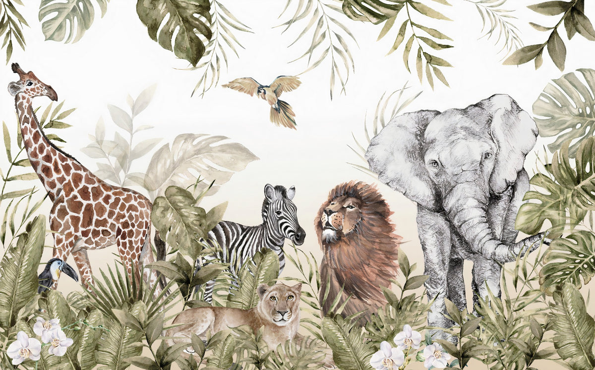 Watercolor Jungle Animal Wallpaper Murals in your room — zoomed
