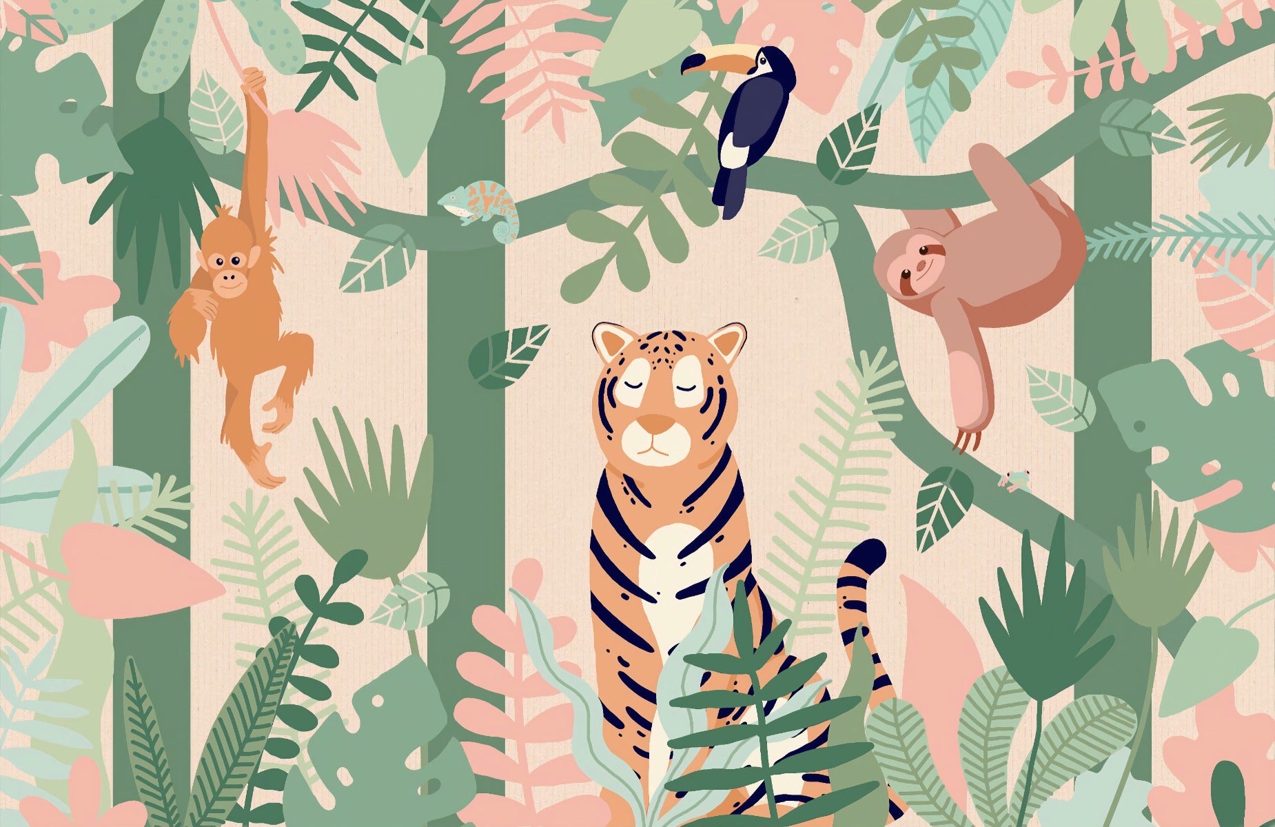 Kids Jungle animal friends wallpaper mural in your room — zoomed