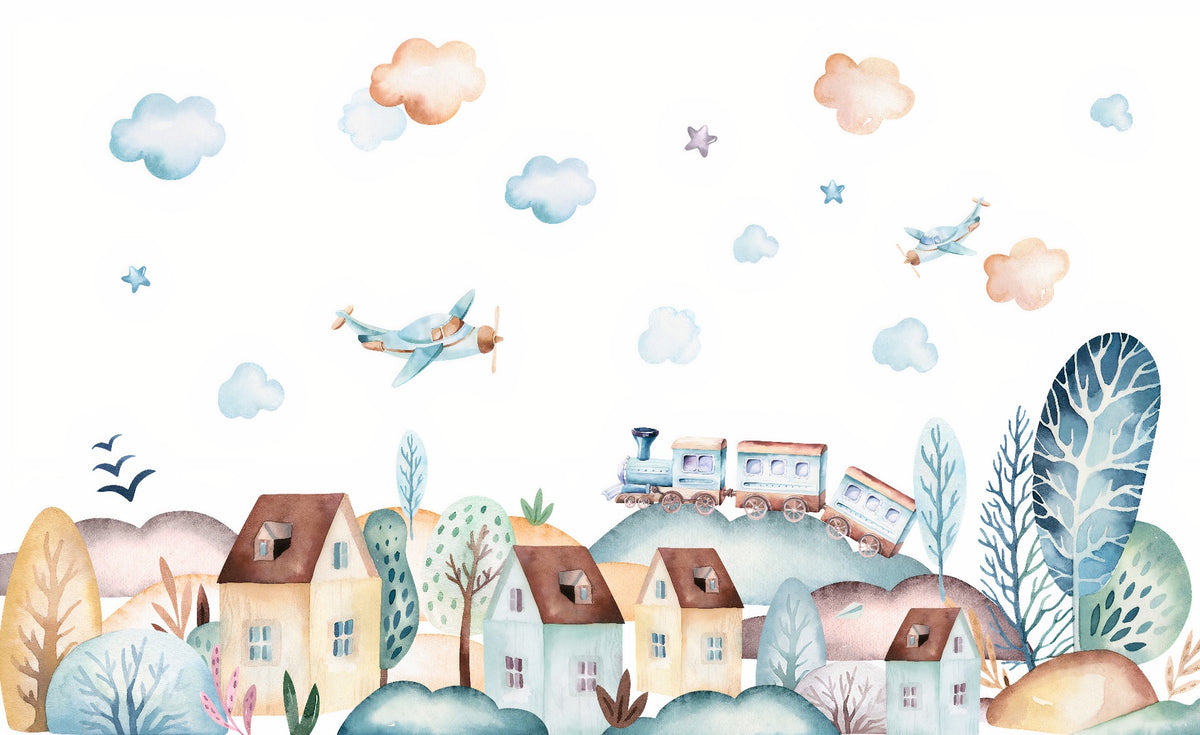 Watercolor Fun Village kids room Wallpaper Murals in your room