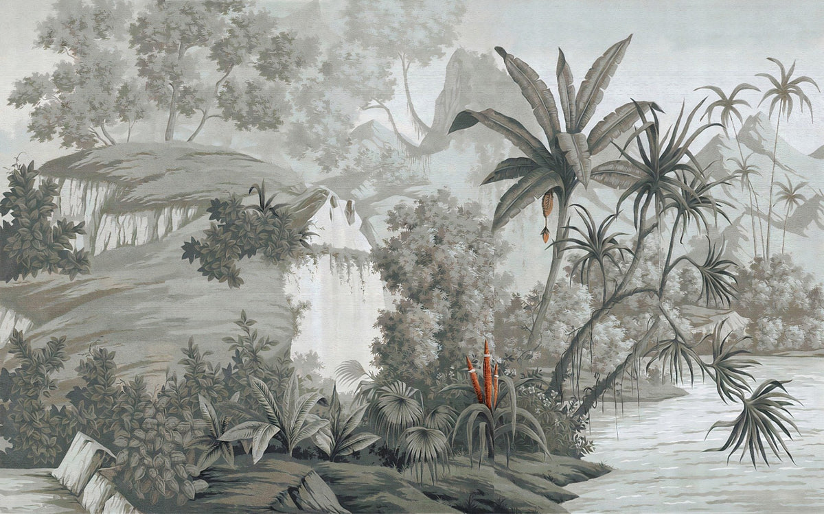 Monotone Forest with Dense Trees and Mountains Wallpaper Murals in your room