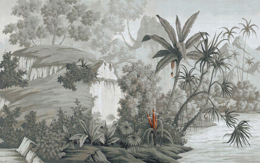 Monotone Forest with Dense Trees and Mountains Wallpaper Murals