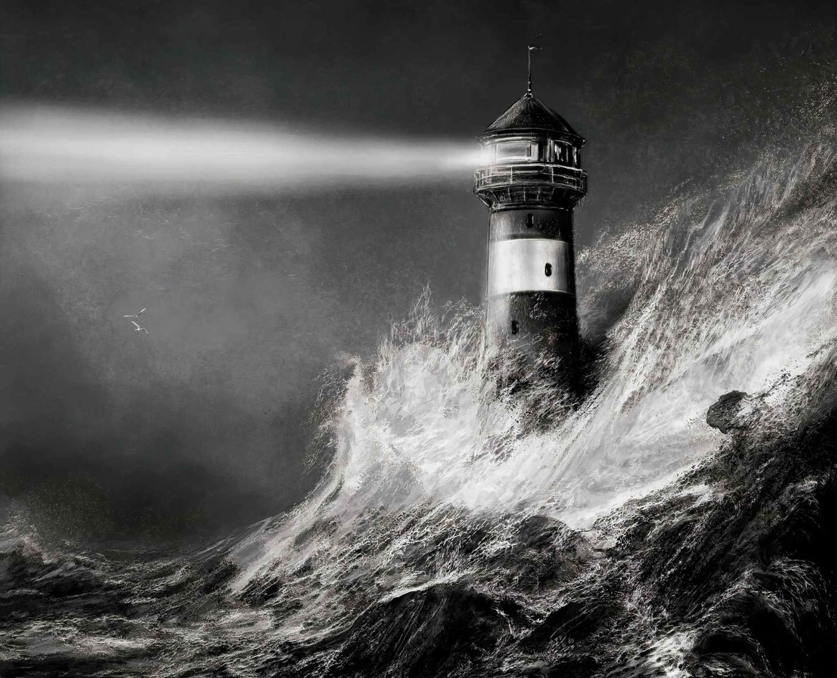 Black and White Peel and Stick Lighthouse Wallpaper in your room — zoomed