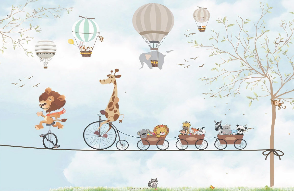 Animals on Tightrope Cycling Under Skies Wallpaper in your room