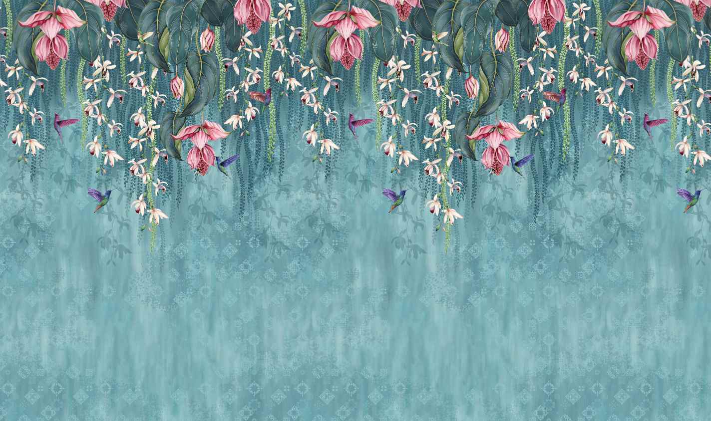 Hanging Pink Flower on Turquoise Wallpaper