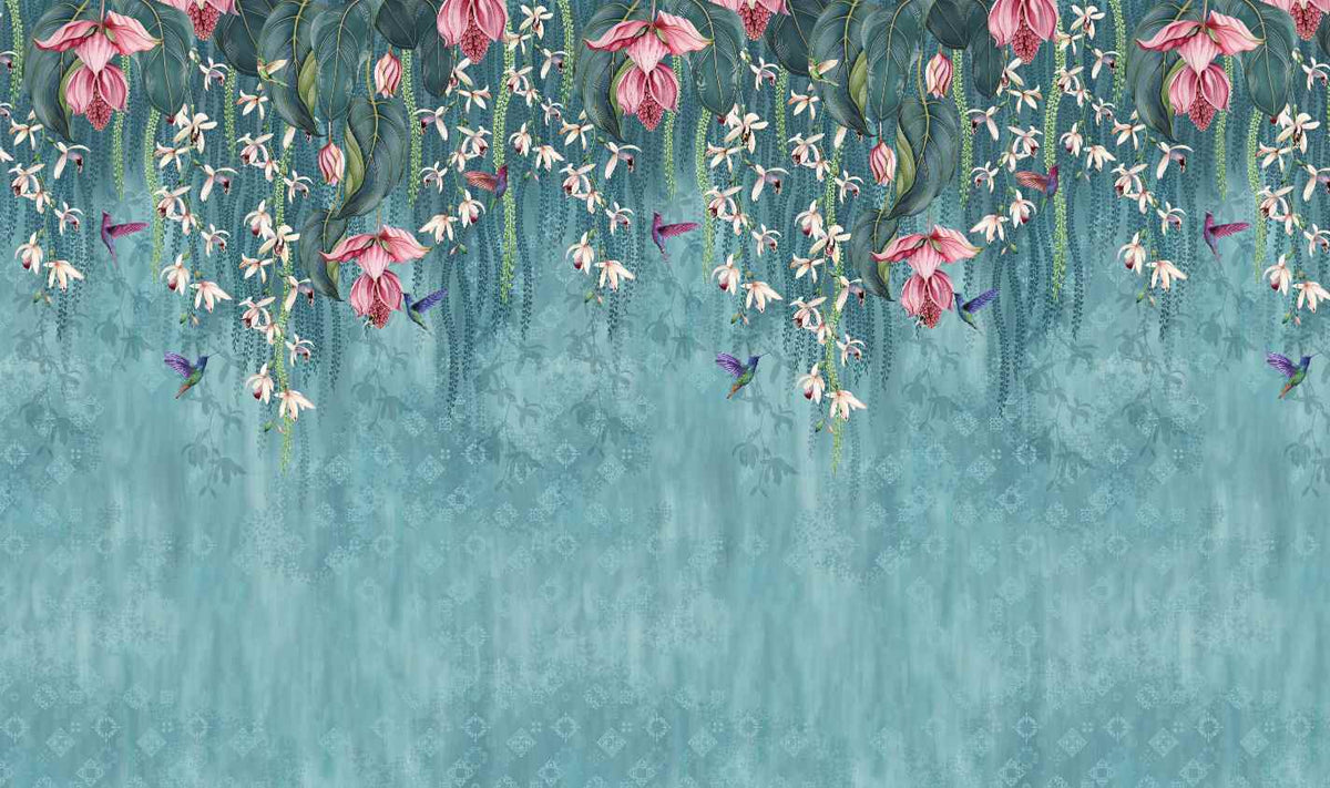 Hanging Pink Flower on Turquoise Wallpaper in your room — zoomed