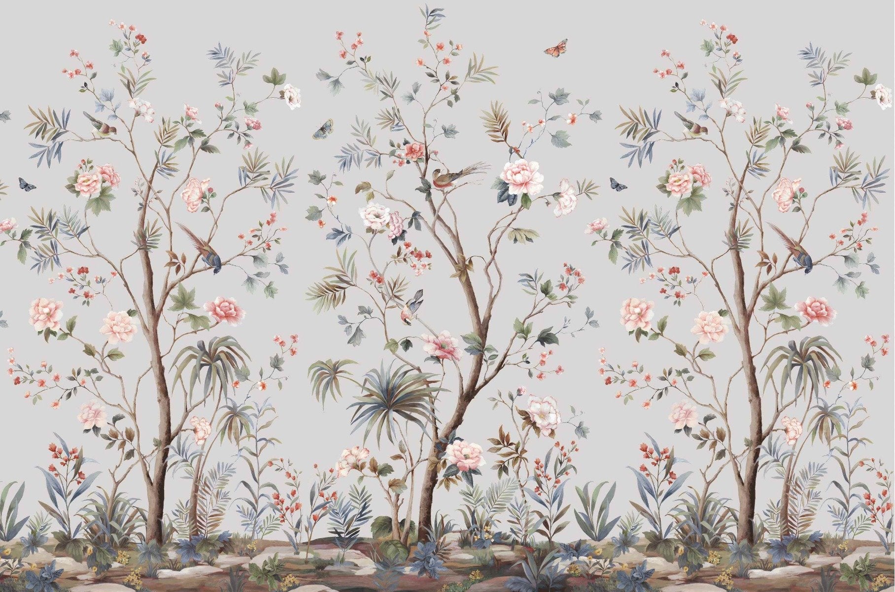 Chinoeserie Floral design Wallpaper Mural in your room — zoomed