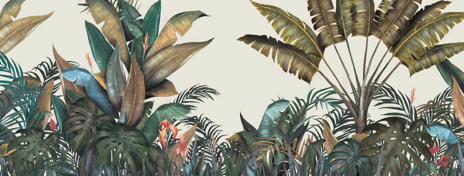Green & Dusty Yellow Tropical Leaves Wallpaper Mural