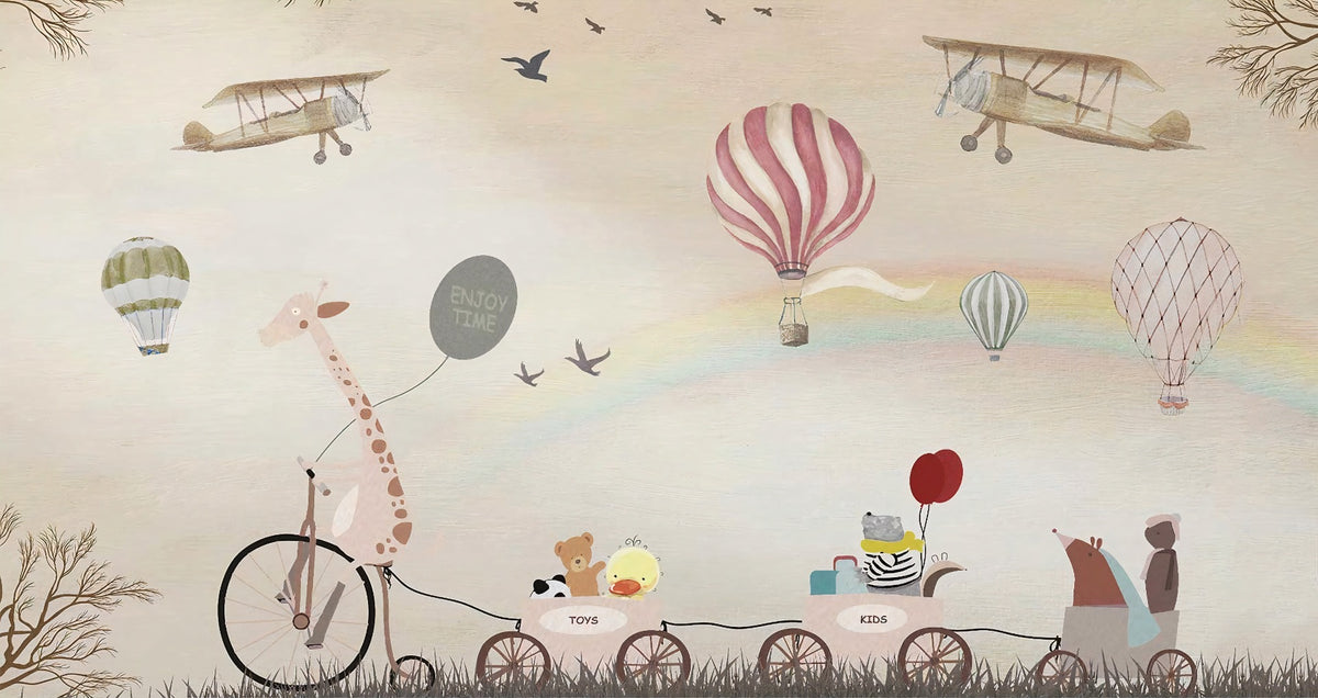 Beige Color Jovial Animals Wallpaper Mural in your room — zoomed