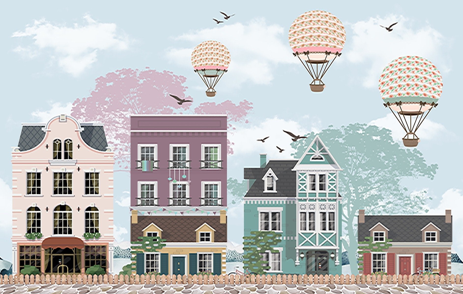 Funky City View kids Room Wallpaper in your room — zoomed