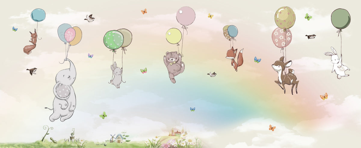 Flying Animals With Balloons Kids Room Wallpaper Mural in your room